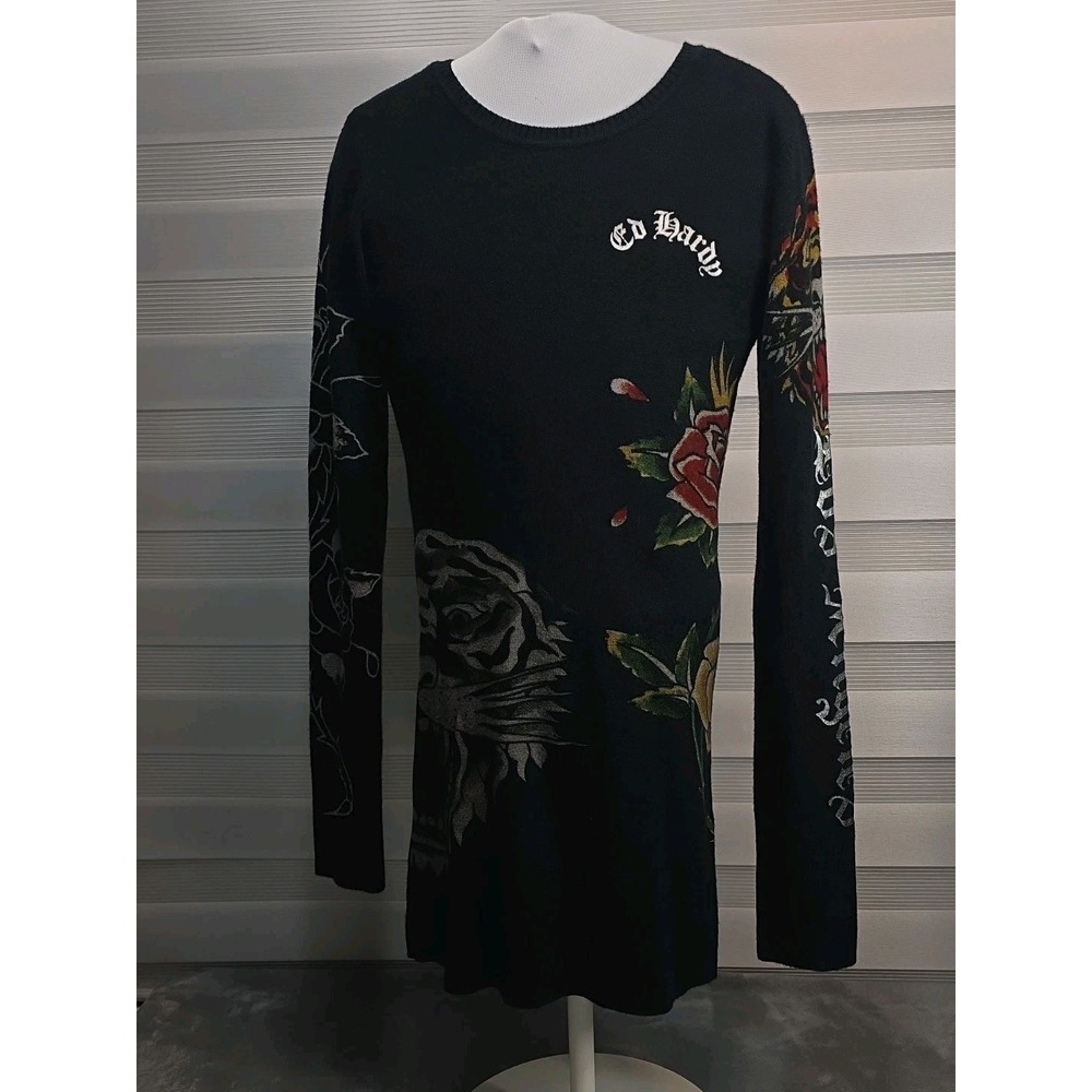 Ed Hardy Sweater Dress XS Tigers Blood Rose Los Angeles Black 90's Y2K Mini